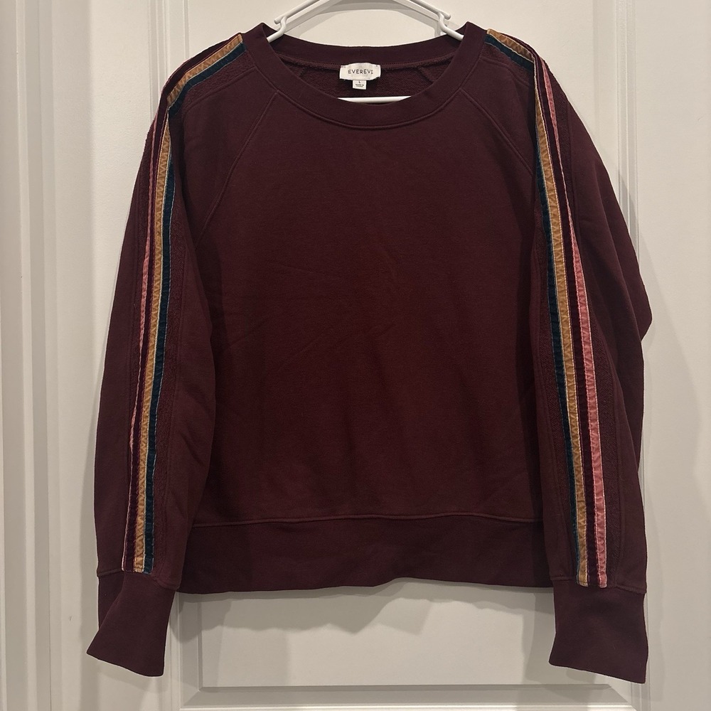 Evereve Sweatshirt Womens L Burgundy Fleece With Striped Sleeves